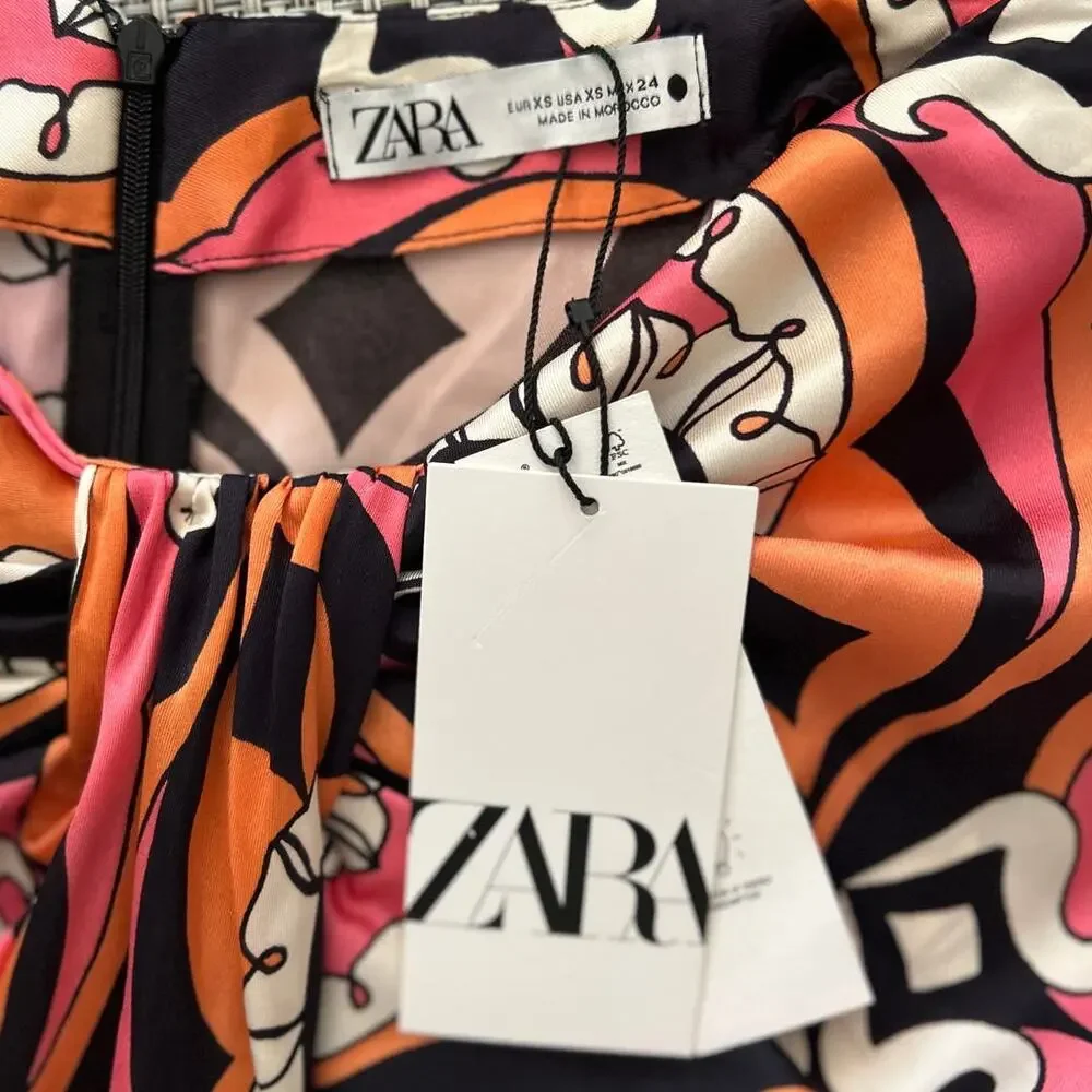 ZARA NWT Matte Satin Tribal Geo Print Pink Brown Faux Wrap Midi Skirt XS